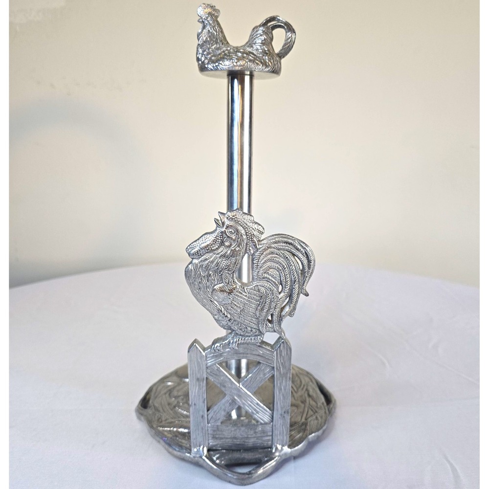 Vintage 2003 Arthur Court Rooster & Hen Paper Towel Holder Silver